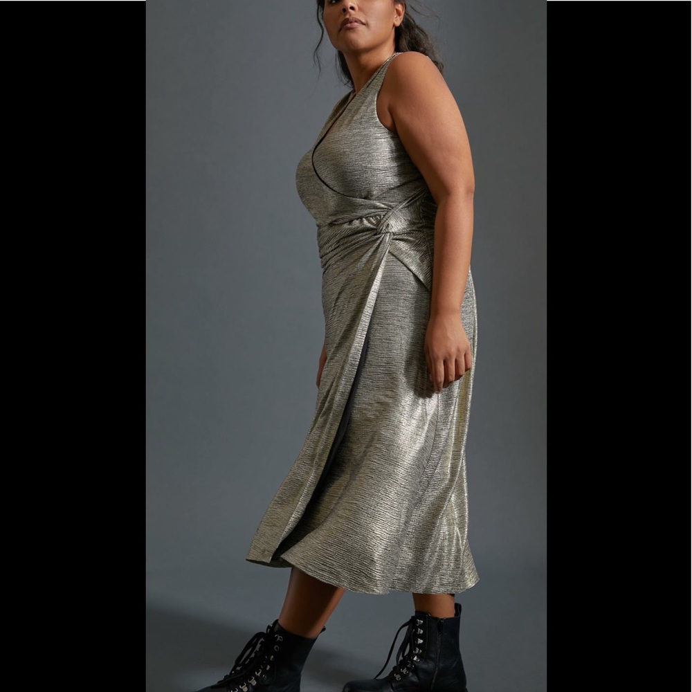 Anthropologie Metallic Gold Wrap Midi Dress - Picture 2 of 5